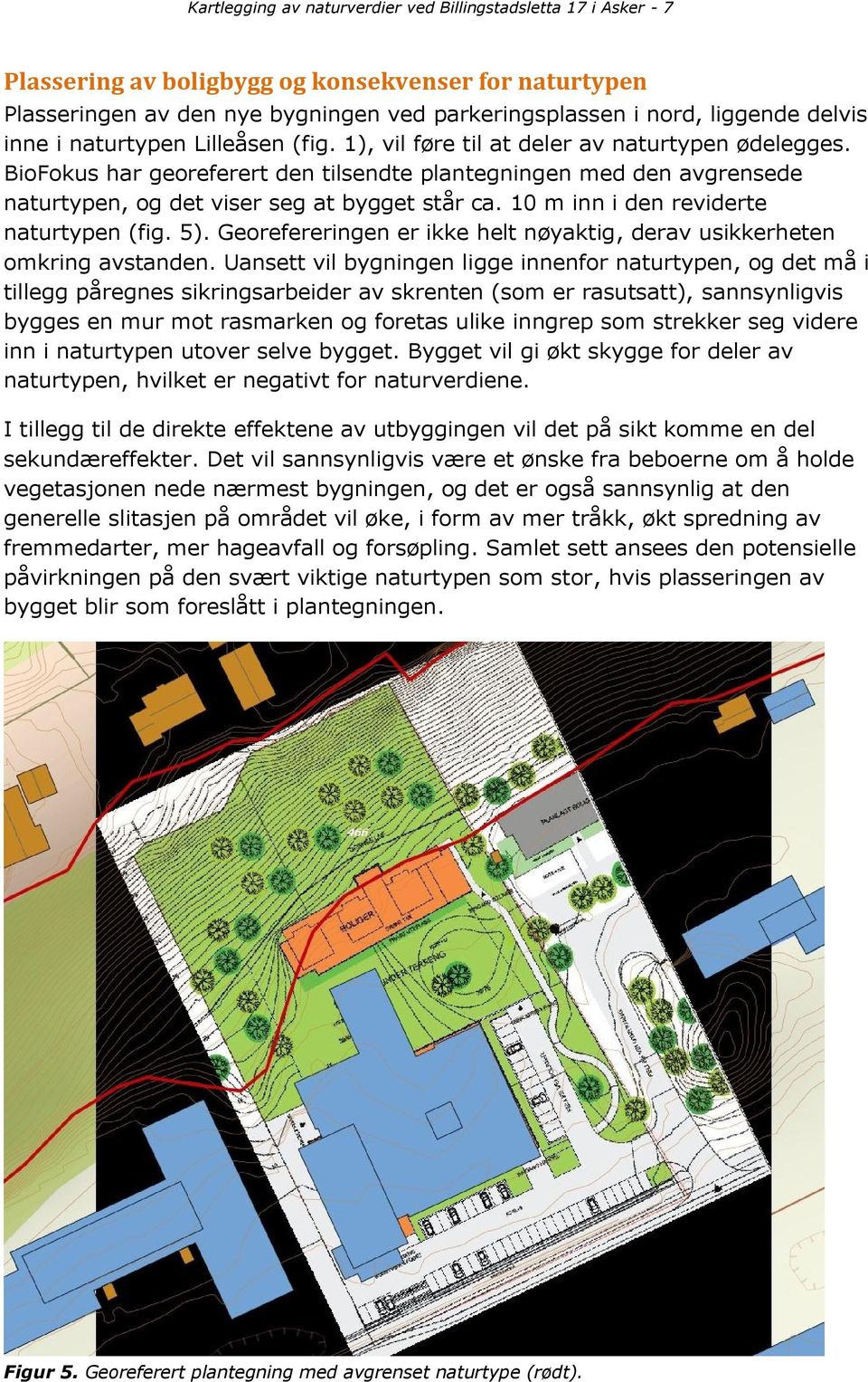 BioFokus har georeferert den tilsendte plantegningen med den avgrensede naturtypen, og det viser seg at bygget står ca. 10 m inn i den reviderte naturtypen (fig. 5).