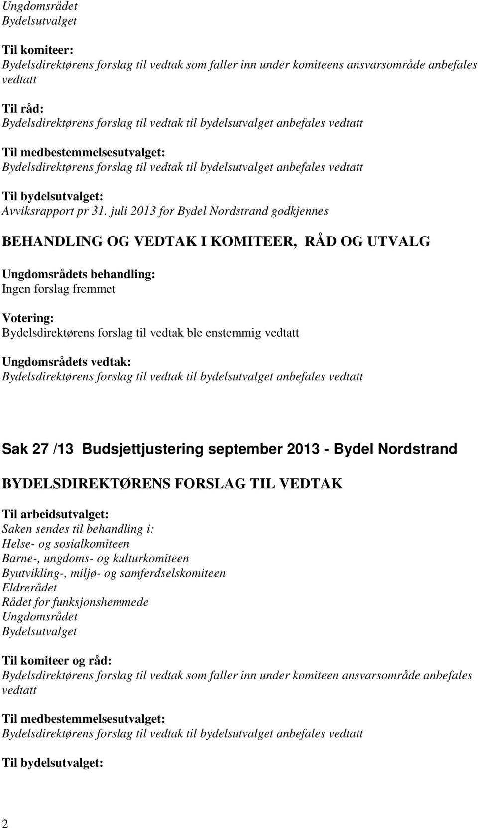 juli 2013 for Bydel Nordstrand godkjennes Sak 27 /13 Budsjettjustering september 2013 - Bydel Nordstrand Til arbeidsutvalget: Saken sendes til behandling i: Helse- og