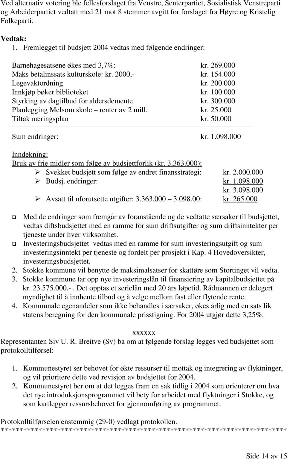 100.000 Styrking av dagtilbud for aldersdemente kr. 300.000 Planlegging Melsom skole renter av 2 mill. kr. 25.000 Tiltak næringsplan kr. 50.000 Sum endringer: kr. 1.098.