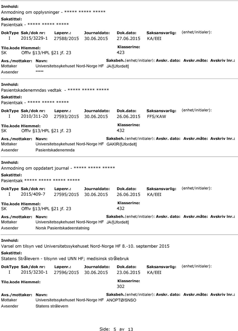 Nord-Norge HF GAKR/[fordelt] Pasientskadenemnda Anmodning om oppdatert journal - ***** ***** ***** Pasientsak ***** ***** ***** ***** 2015/409-7 27595/2015 KA/EE 432 Mottaker niversitetssykehuset