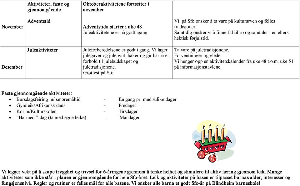 Vi lager julegaver og julepynt, baker og gir barna et forhold til julebudskapet og juletradisjonene. Grøtfest på Sfo Ta vare på juletradisjonene. Forventninger og glede.