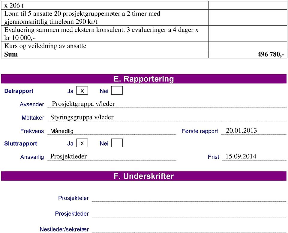 3 evalueringer a 4 dager x kr 10 000,- Kurs og veiledning av ansatte Sum 496 780,- Delrapport Ja x Nei E.