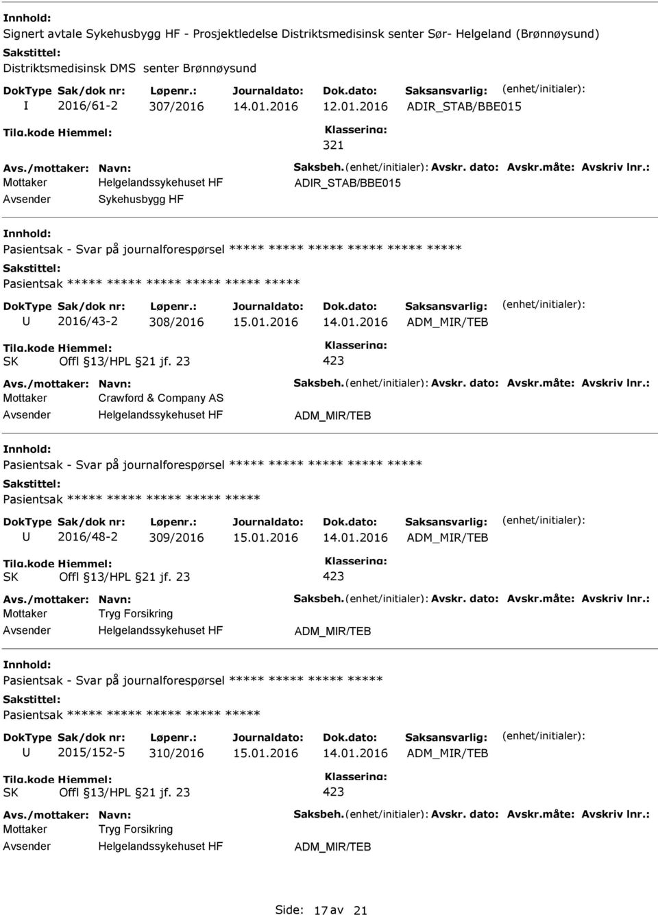 : ADR_STAB/BBE015 Sykehusbygg HF asientsak - Svar på journalforespørsel ***** ***** ***** ***** ***** ***** asientsak ***** ***** ***** ***** ***** ***** 2016/43-2 308/2016 ADM_MR/TEB Avs.