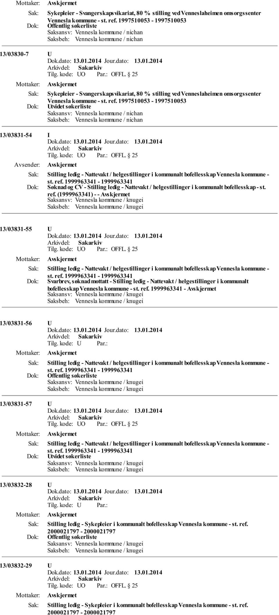 13/03831-54 I Stilling ledig - Nattevakt / helgestillinger i kommunalt bofellesskap Vennesla kommune - st. ref.