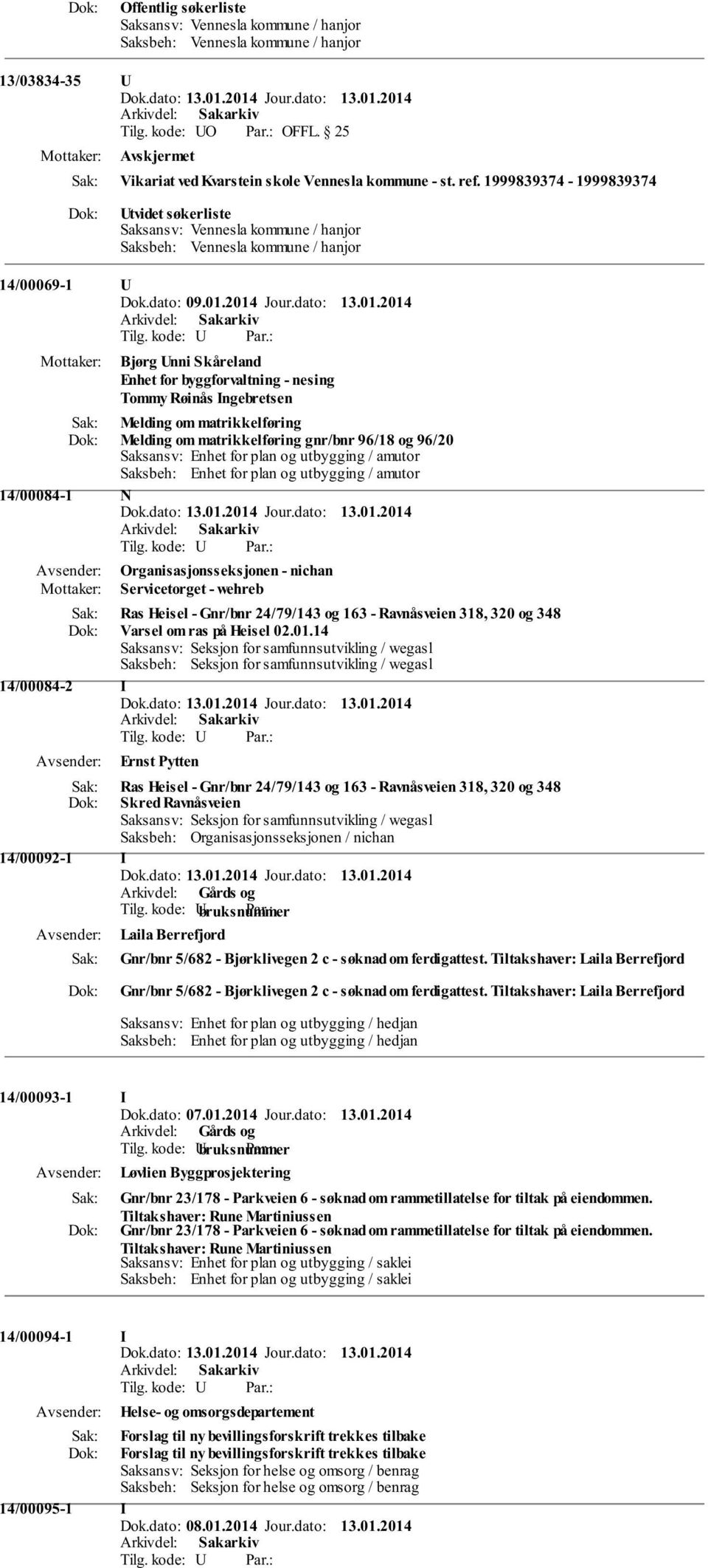 2014 Jour.dato: 13.01.2014 Bjørg Unni Skåreland Enhet for byggforvaltning - nesing Tommy Røinås Ingebretsen Melding om matrikkelføring Melding om matrikkelføring gnr/bnr 96/18 og 96/20 Saksansv: