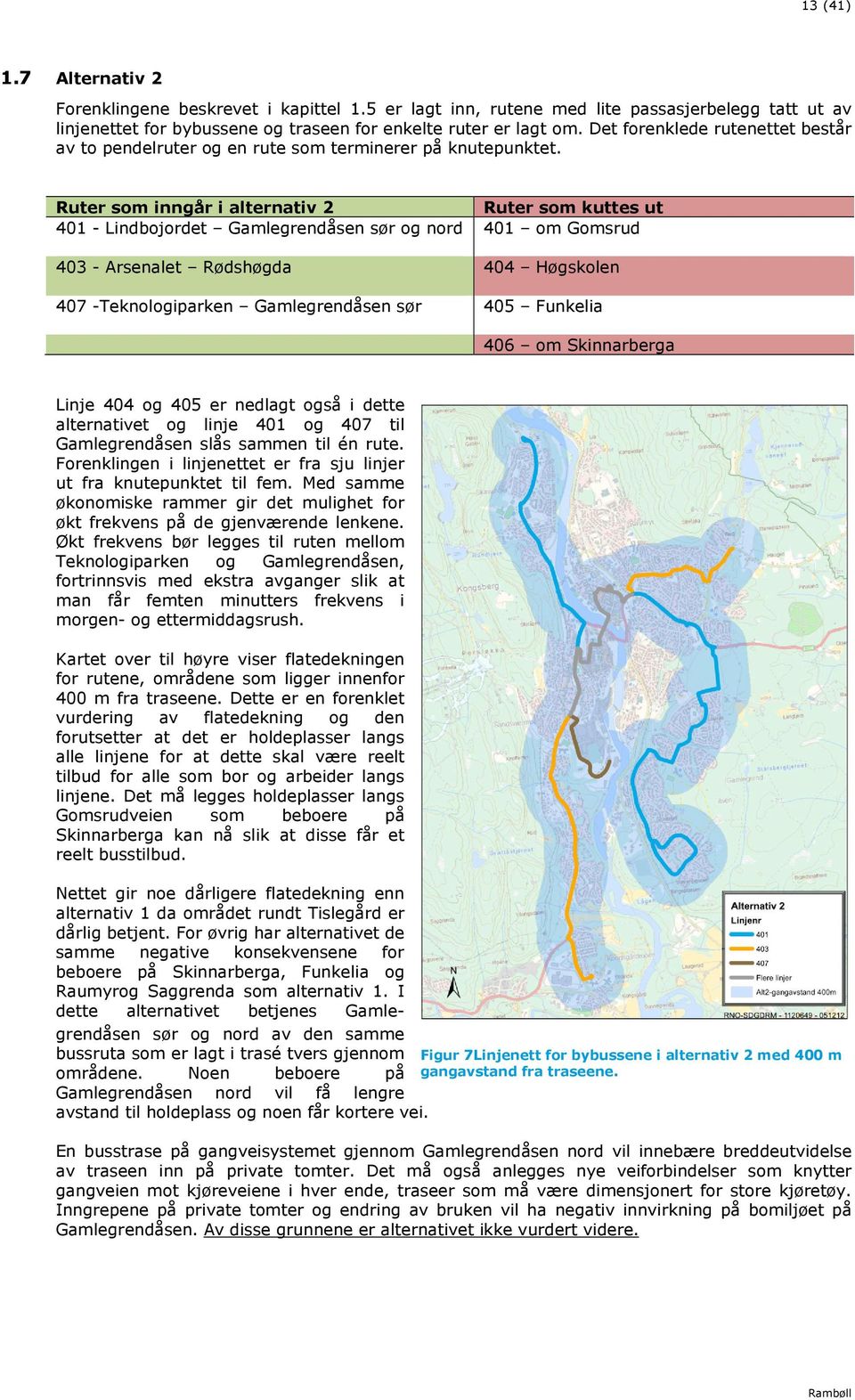 Ruter som inngår i alternativ 2 Ruter som kuttes ut 41 - Lindbojordet Gamlegrendåsen sør og nord 41 om Gomsrud 43 - Arsenalet Rødshøgda 44 Høgskolen 47 -Teknologiparken Gamlegrendåsen sør 45 Funkelia