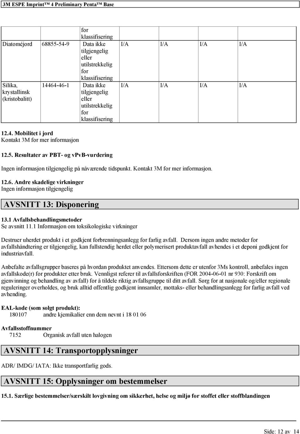 1 Inmasjon om toksikologiske virkninger Destruer uherdet produkt i et godkjent brenningsanlegg farlig avfall.