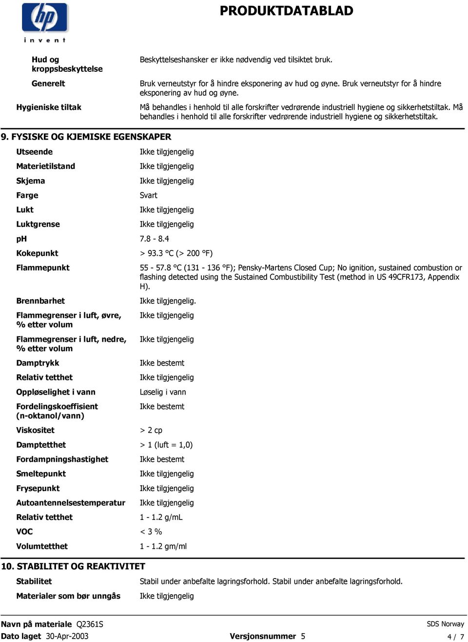sikkerhetstiltak 9 FYSISKE OG KJEMISKE EGENSKAPER Utseende Materietilstand Skjema Farge Lukt Luktgrense Svart ph 78-84 Kokepunkt Flammepunkt Brennbarhet Flammegrenser i luft, øvre, % etter volum