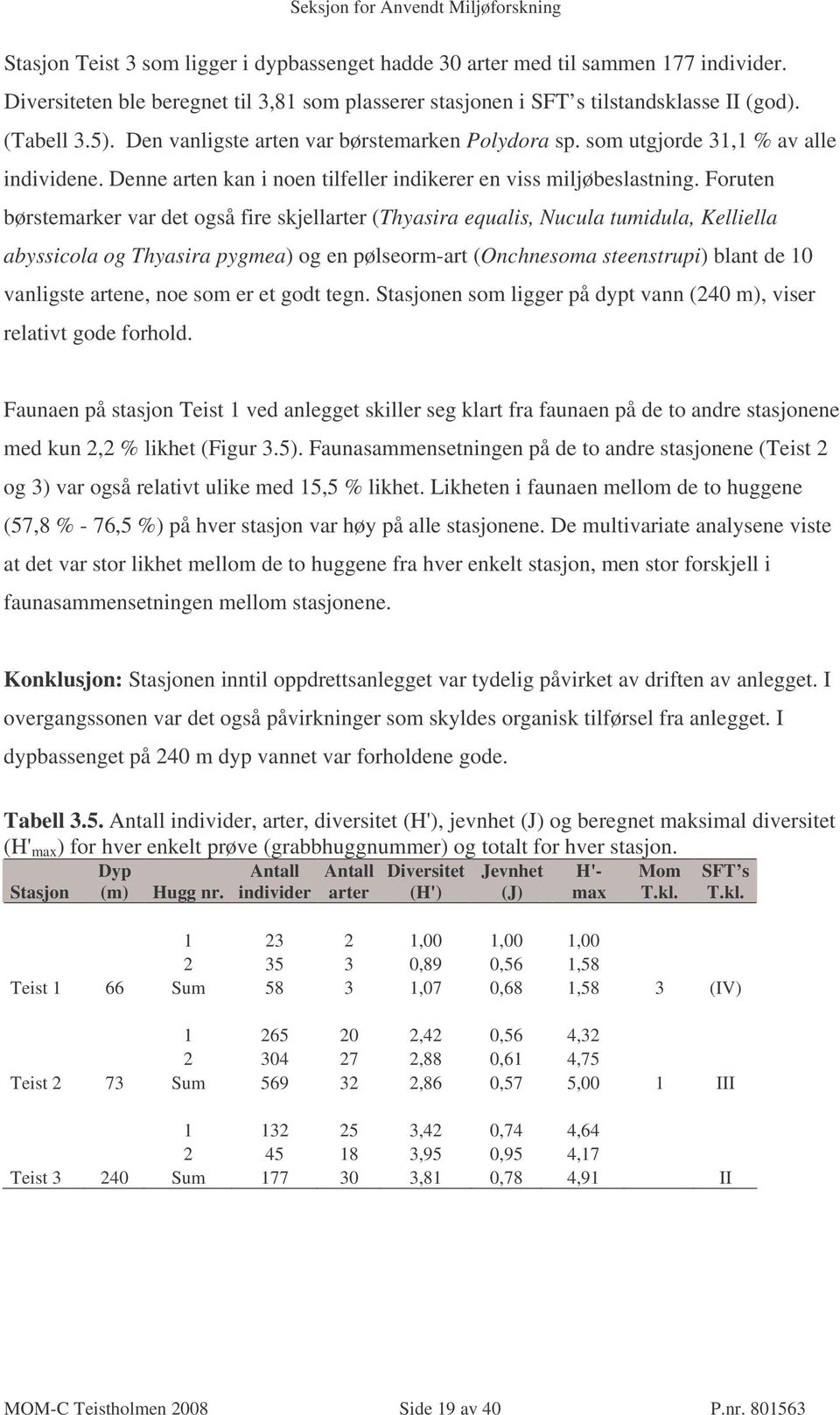 Foruten børstemarker var det også fire skjellarter (Thyasira equalis, Nucula tumidula, Kelliella abyssicola og Thyasira pygmea) og en pølseorm-art (Onchnesoma steenstrupi) blant de 10 vanligste