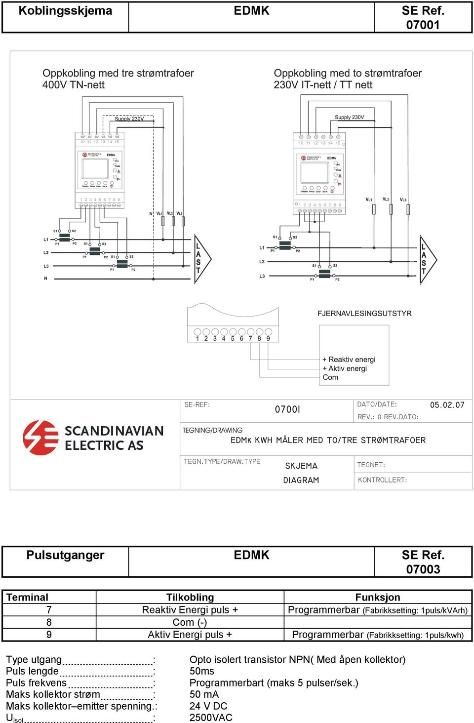 Aktiv Energi puls + Programmerbar (Fabrikksetting: 1puls/kwh) Type utgang : Opto isolert transistor NPN( Med åpen