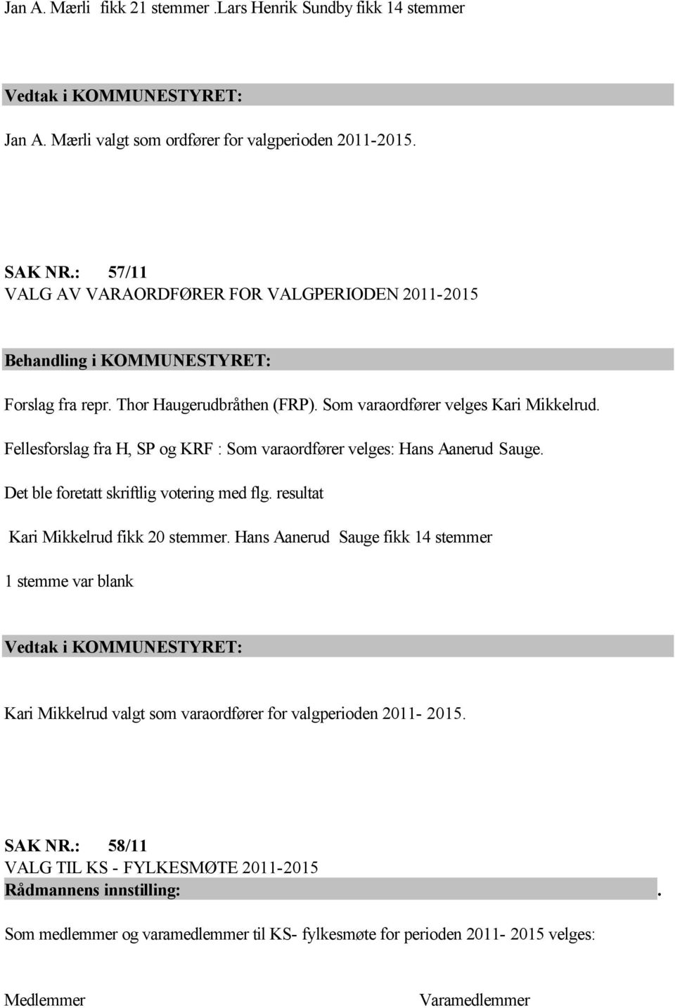 Fellesforslag fra H, SP og KRF : Som varaordfører velges: Hans Aanerud Sauge. Det ble foretatt skriftlig votering med flg. resultat Kari Mikkelrud fikk 20 stemmer.