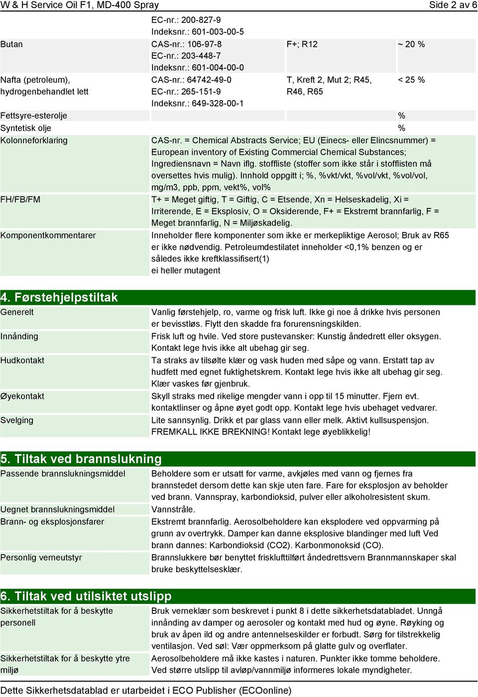 : 649-328-00-1 F+; R12 ~ 20 % T, Kreft 2, Mut 2; R45, R46, R65 < 25 % Fettsyre-esterolje % Syntetisk olje % Kolonneforklaring CAS-nr.