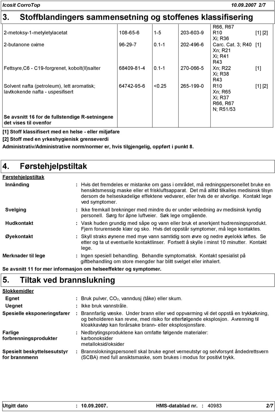 1-1 270-066-5 Xn; R22 Xi; R8 R4 Solvent nafta (petroleum), lett aromatisk; lavtkokende nafta - uspesifisert Se avsnitt 16 for de fullstendige R-setningene det vises til ovenfor [1] Stoff klassifisert