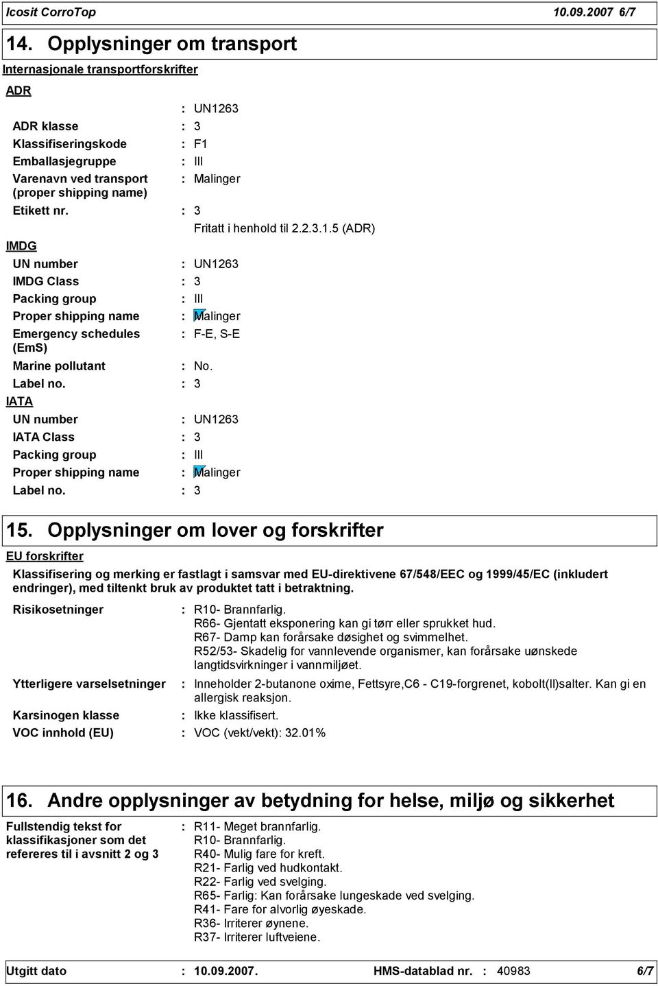 IMDG UN number IMDG Class Packing group Proper shipping name Emergency schedules (EmS) Marine pollutant Label no. IATA UN number IATA Class Packing group Proper shipping name Label no.