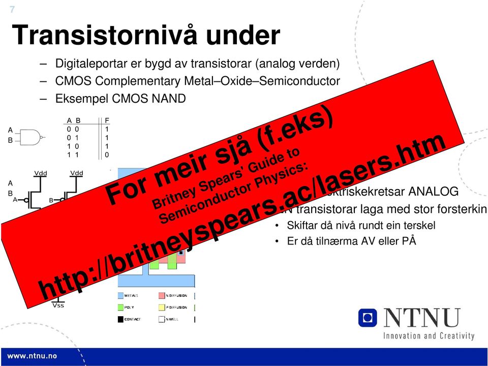 eks) Britney Spears' Guide to Semiconductor Physics: Som alle elektriskekretsar ANALOG MEN transistorar laga