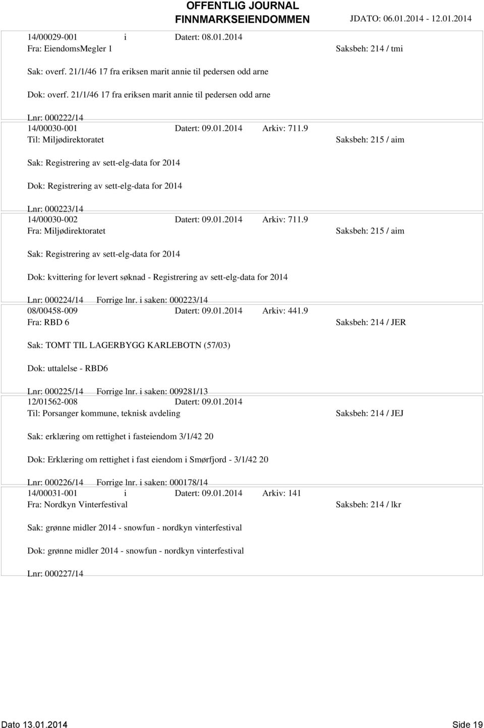 9 Til: Miljødirektoratet Saksbeh: 215 / aim Sak: Registrering av sett-elg-data for 2014 Dok: Registrering av sett-elg-data for 2014 Lnr: 000223/14 14/00030-002 Datert: 09.01.2014 Arkiv: 711.