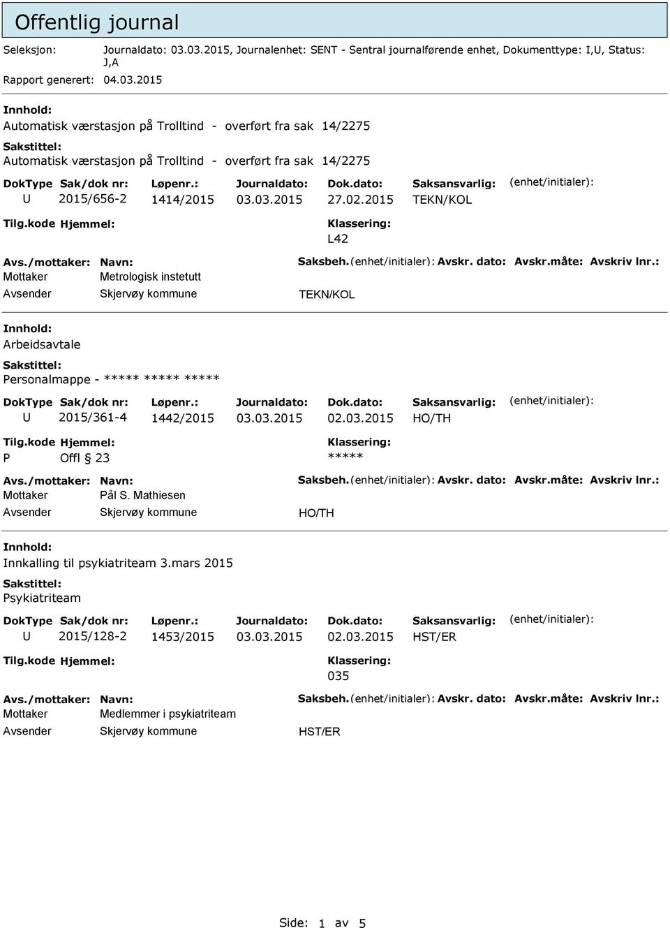 /mottaker: Navn: Saksbeh. Avskr. dato: Avskr.måte: Avskriv lnr.: Mottaker Metrologisk instetutt Arbeidsavtale ersonalmappe - 2015/361-4 1442/2015 Avs./mottaker: Navn: Saksbeh. Avskr. dato: Avskr.måte: Avskriv lnr.: Mottaker ål S.