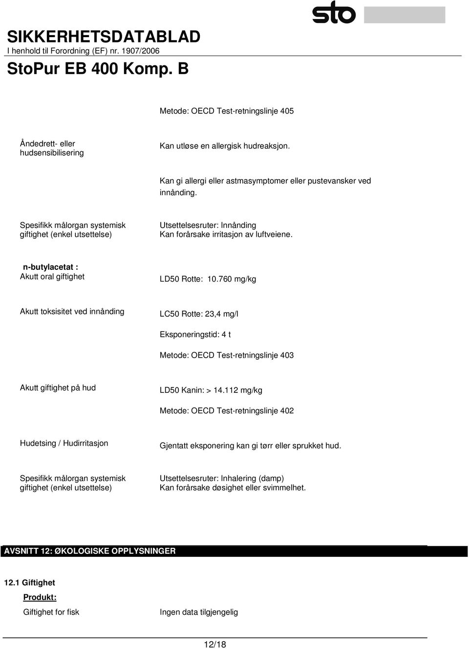 760 mg/kg Akutt toksisitet ved innånding LC50 Rotte: 23,4 mg/l Eksponeringstid: 4 t Metode: OECD Test-retningslinje 403 Akutt giftighet på hud LD50 Kanin: > 14.