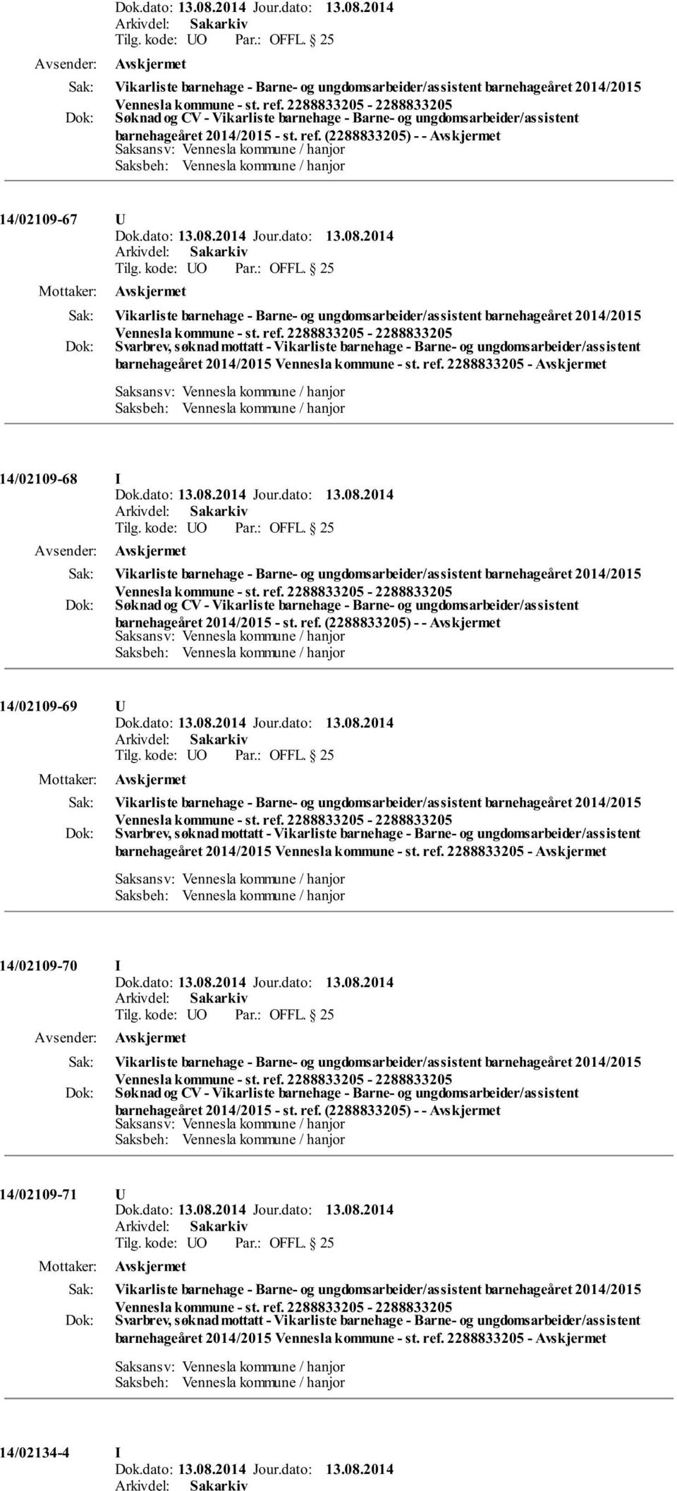 ungdomsarbeider/assistent barnehageåret 2014/2015 Vennesla kommune - st. ref.