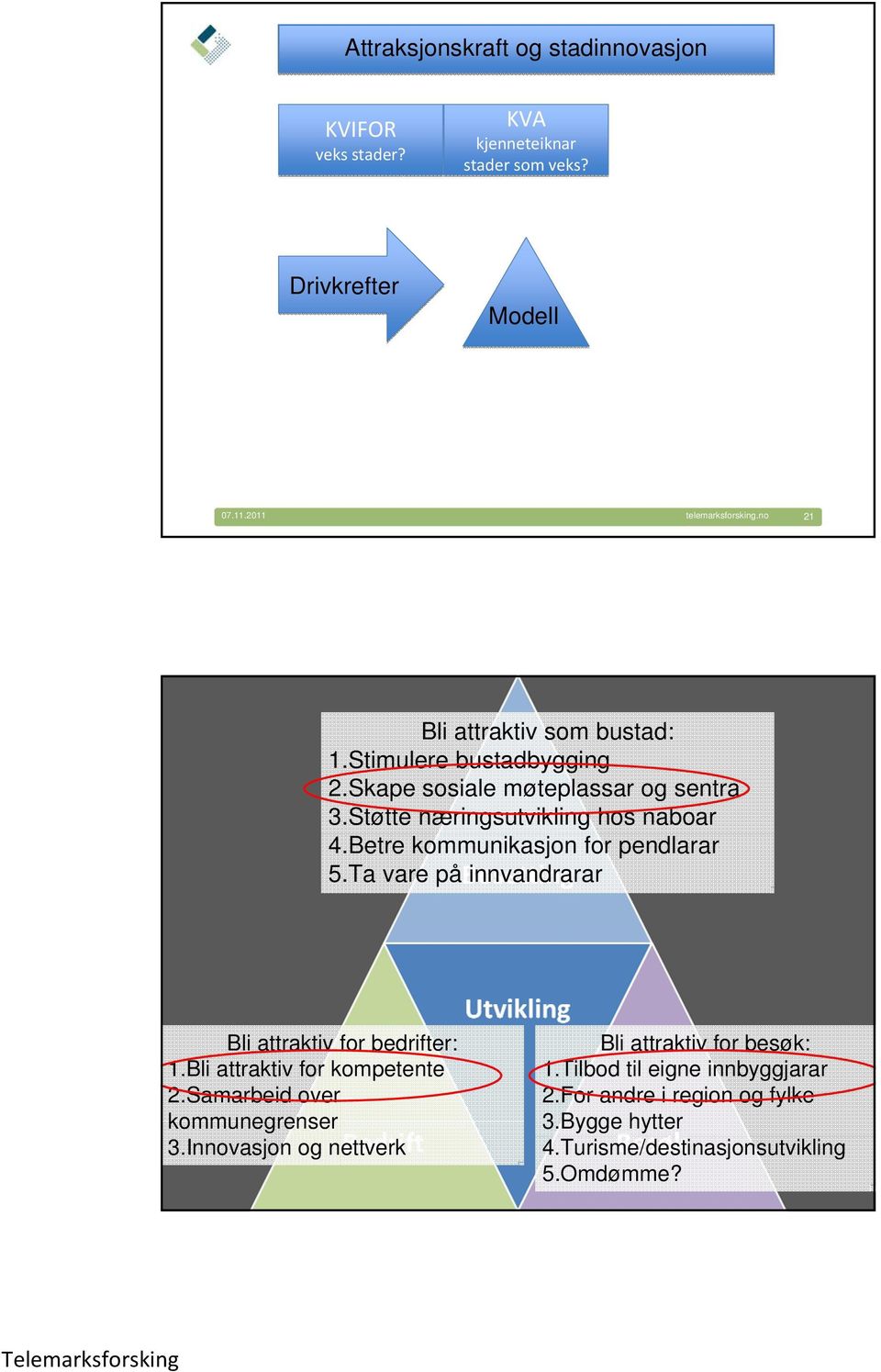 Betre kommunikasjon for pendlarar 5.Ta vare på innvandrarar Bli attraktiv for bedrifter: 1.Bli attraktiv for kompetente 2.