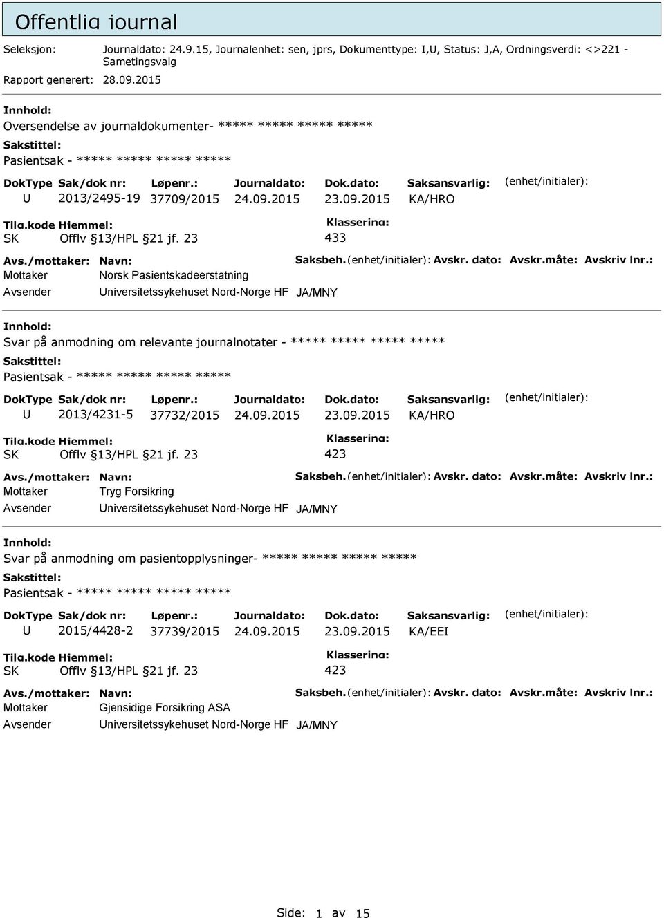 HF Svar på anmodning om relevante journalnotater - ***** ***** ***** ***** 2013/1-5 37732/2015 Mottaker Tryg Forsikring niversitetssykehuset Nord-Norge HF Svar