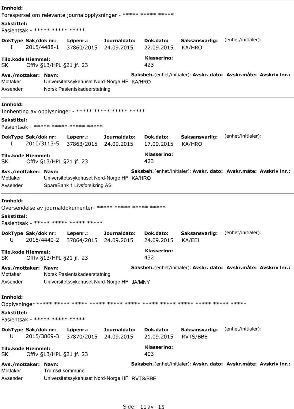 2015 Mottaker niversitetssykehuset Nord-Norge HF SpareBank 1 Livsforsikring AS Oversendelse av journaldokumenter- ***** ***** ***** ***** 2015/4440-2 37864/2015 KA/EE 432