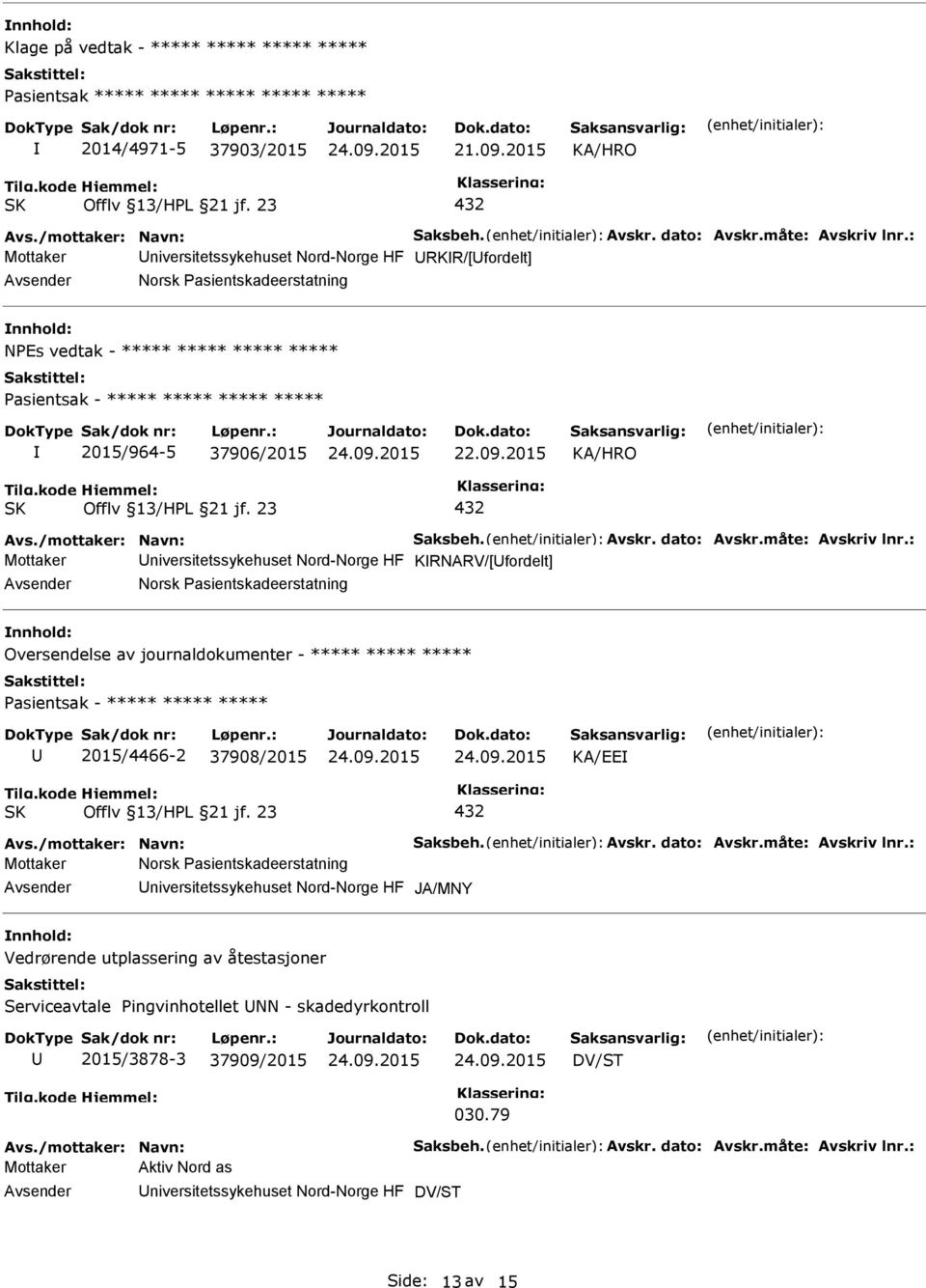 niversitetssykehuset Nord-Norge HF KRNARV/[fordelt] Norsk Pasientskadeerstatning Oversendelse av journaldokumenter - ***** ***** ***** 2015/4466-2 37908/2015 KA/EE 432 Mottaker