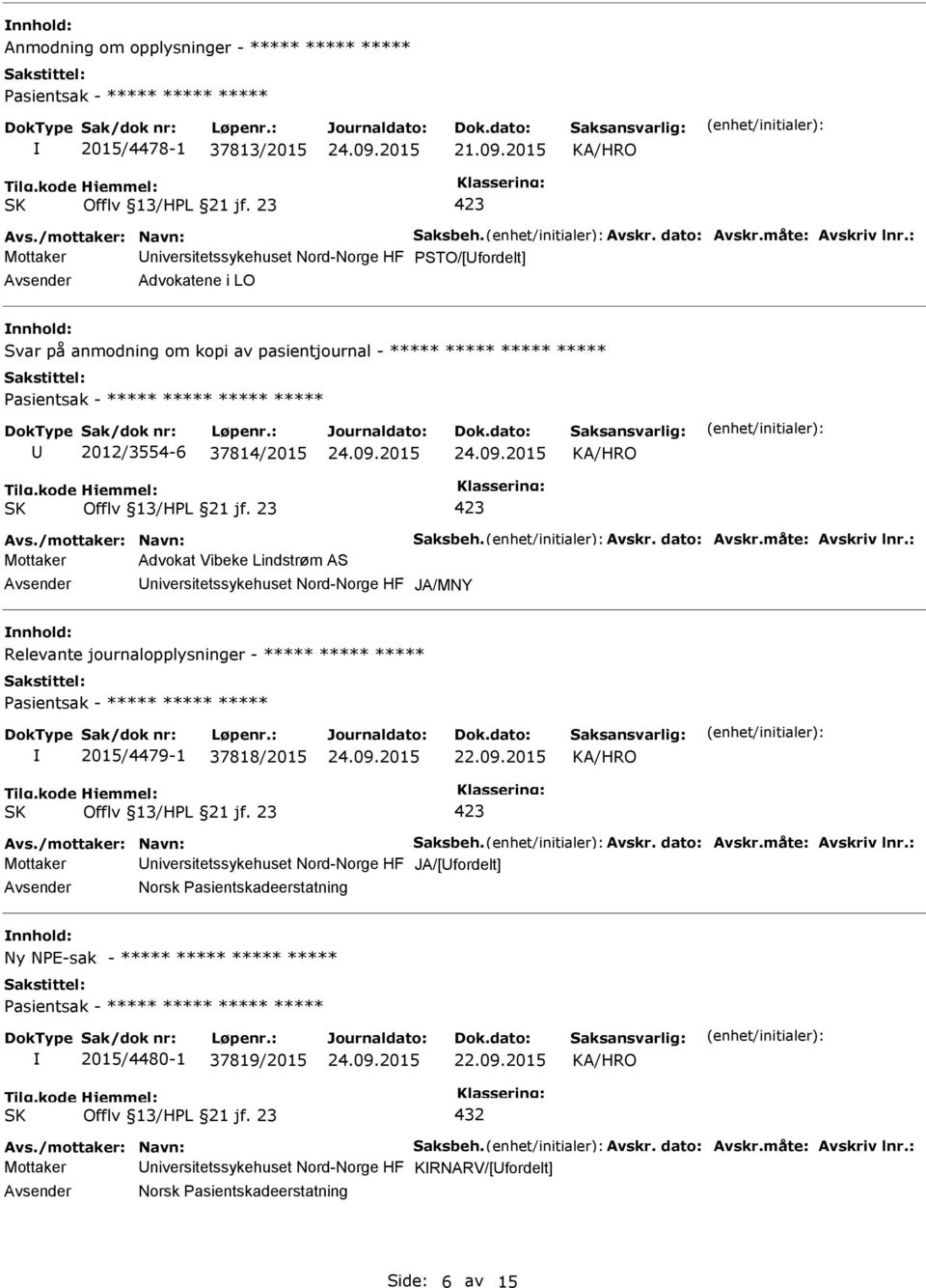 37814/2015 Mottaker Advokat Vibeke Lindstrøm AS niversitetssykehuset Nord-Norge HF Relevante journalopplysninger - ***** ***** ***** 2015/4479-1 37818/2015