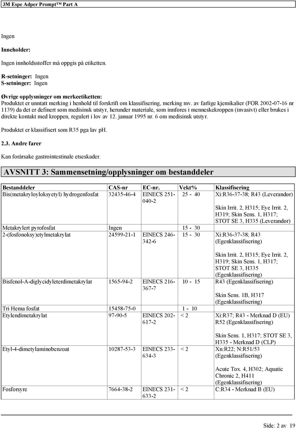 av farlige kjemikalier (FOR 20007-16 nr 1139) da det er definert som medisinsk utstyr, herunder materiale, som innføres i menneskekroppen (invasivt) brukes i direkte kontakt med kroppen, regulert i