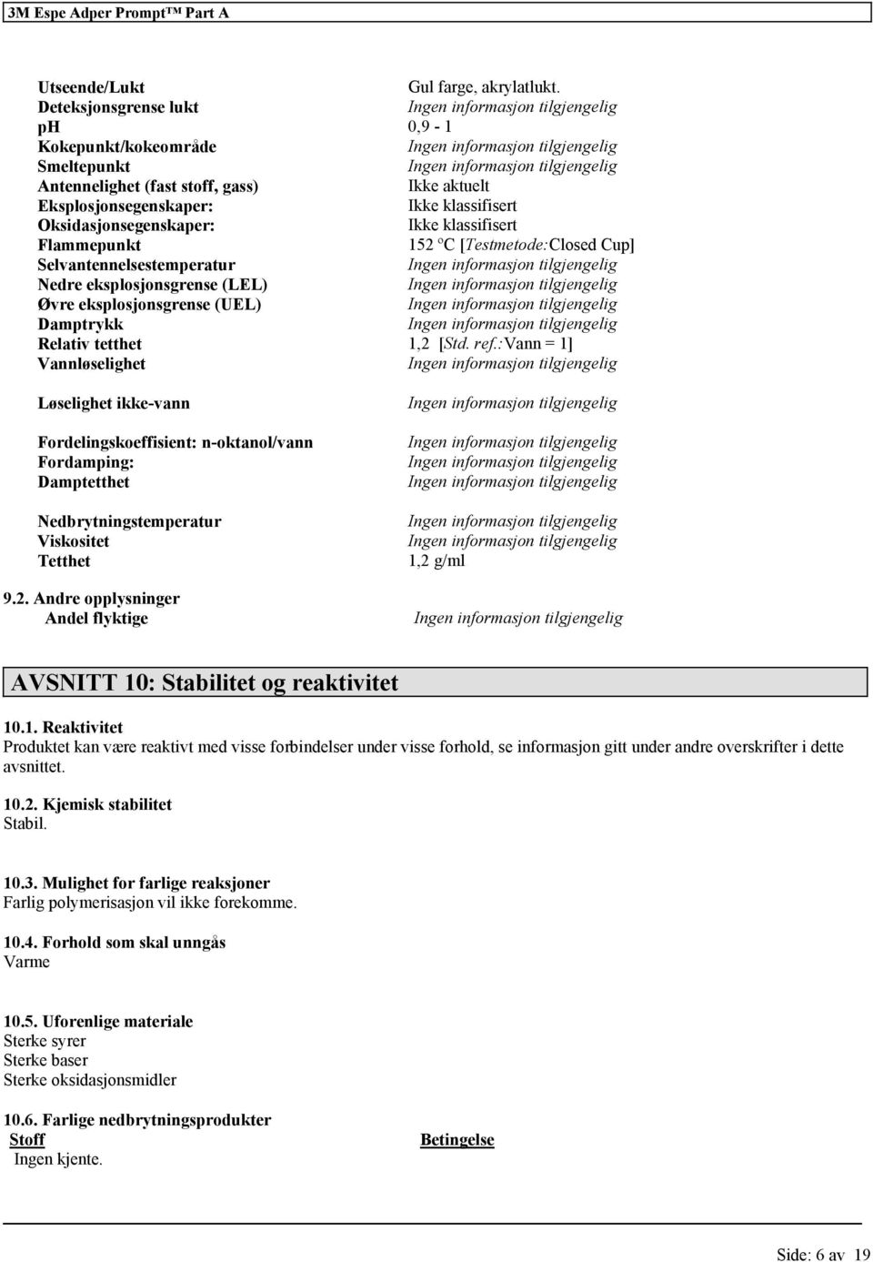 Flammepunkt 152 ºC [Testmetode:Closed Cup] Selvantennelsestemperatur Nedre eksplosjonsgrense (LEL) Øvre eksplosjonsgrense (UEL) Damptrykk Relativ tetthet 1,2 [Std. ref.