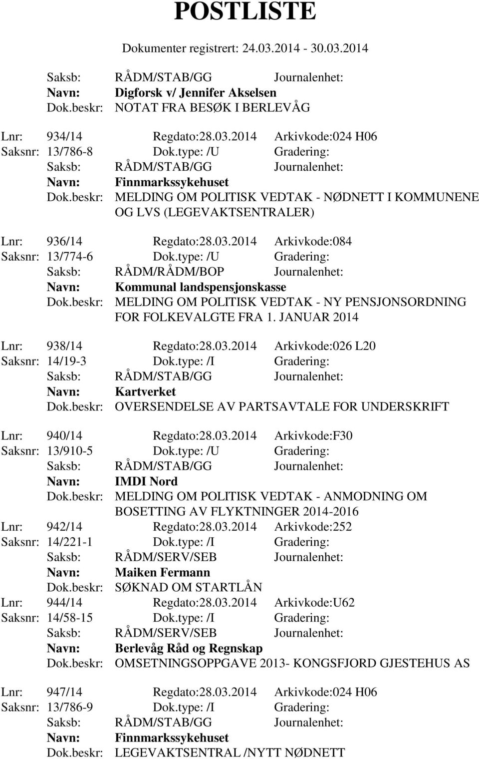 type: /U Gradering: Saksb: RÅDM/RÅDM/BOP Journalenhet: Navn: Kommunal landspensjonskasse Dok.beskr: MELDING OM POLITISK VEDTAK - NY PENSJONSORDNING FOR FOLKEVALGTE FRA 1.