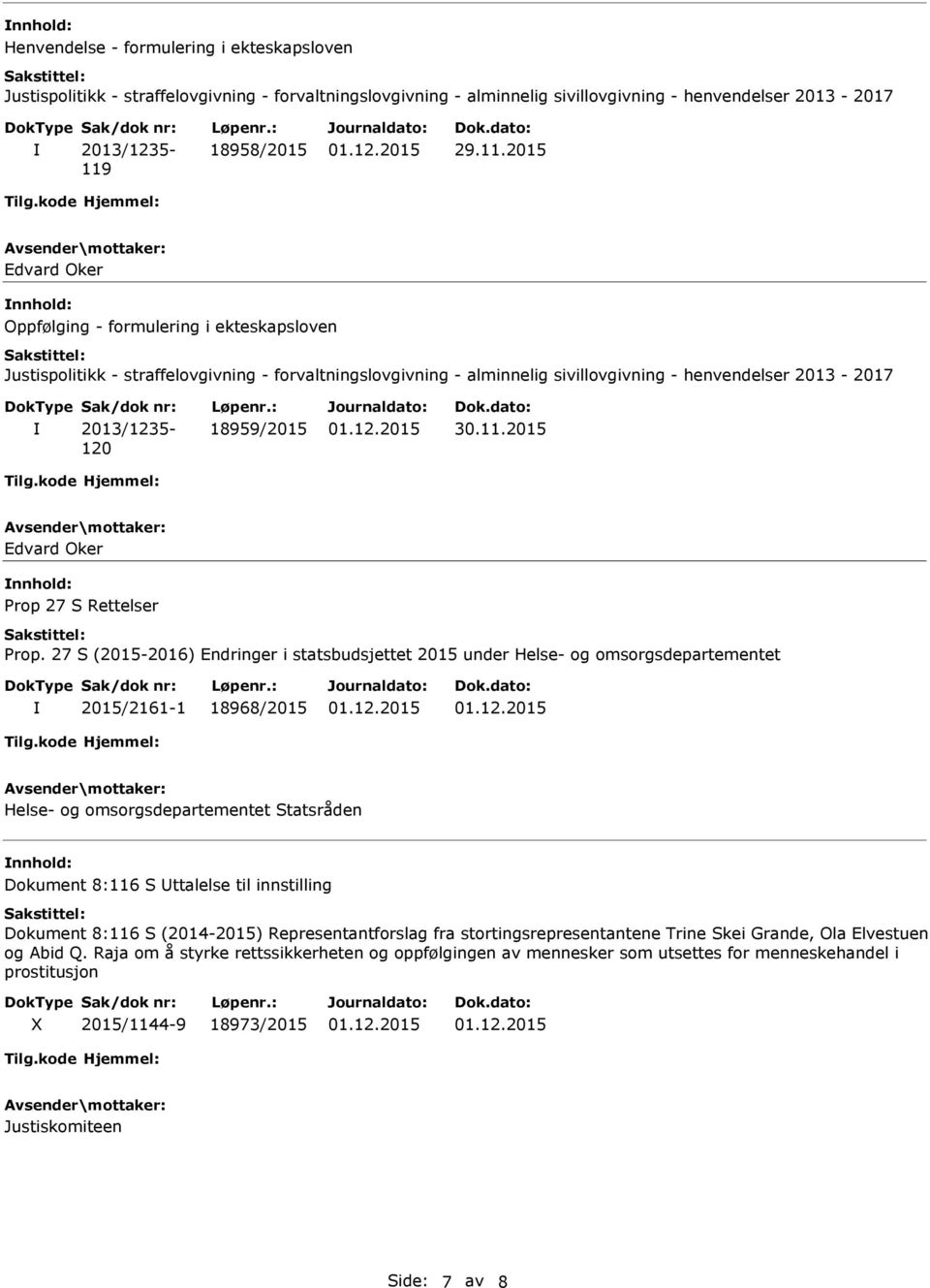 2015 Edvard Oker nnhold: Oppfølging - formulering i ekteskapsloven Justispolitikk - straffelovgivning - forvaltningslovgivning - alminnelig sivillovgivning - henvendelser 2013-2017 2013/1235-120