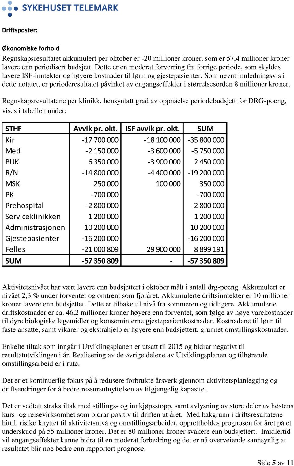 Som nevnt innledningsvis i dette notatet, er perioderesultatet påvirket av engangseffekter i størrelsesorden 8 millioner kroner.