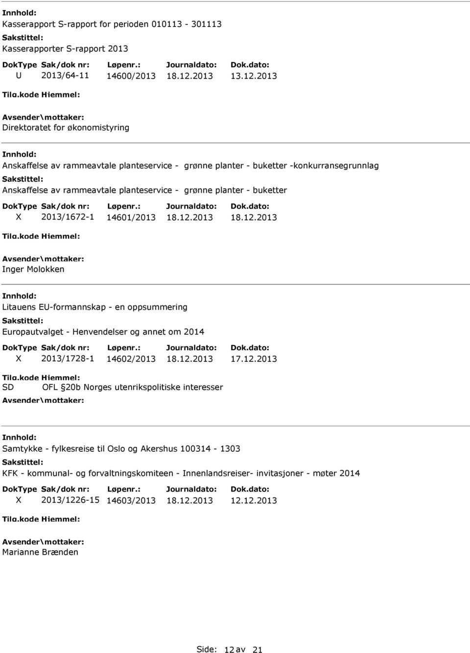 grønne planter - buketter 2013/1672-1 14601/2013 nger Molokken Litauens E-formannskap - en oppsummering Europautvalget - Henvendelser og annet om 2014 2013/1728-1 14602/2013