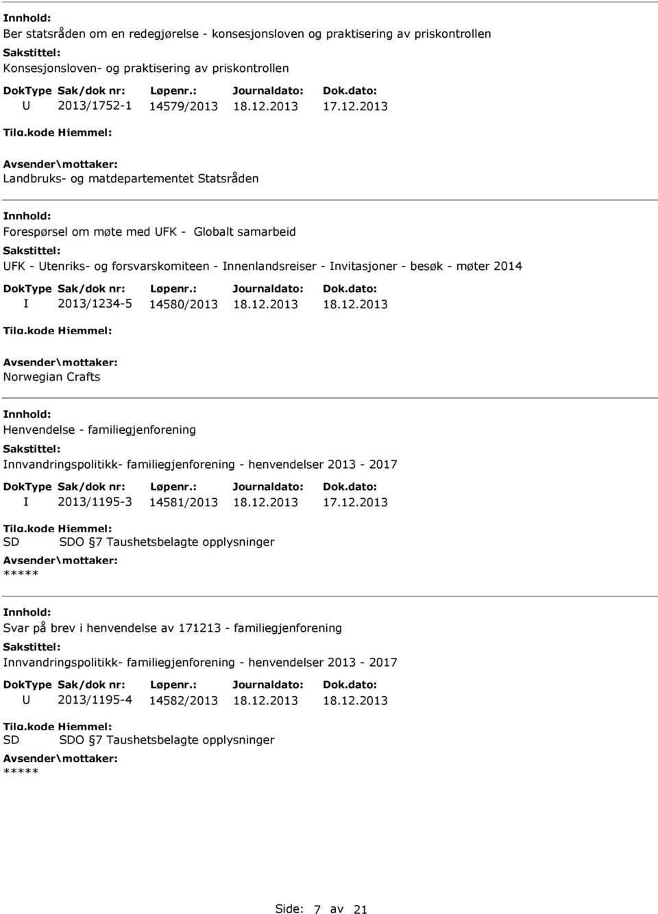 14580/2013 Norwegian Crafts Henvendelse - familiegjenforening nnvandringspolitikk- familiegjenforening - henvendelser 2013-2017 2013/1195-3 14581/2013 O 7 Taushetsbelagte