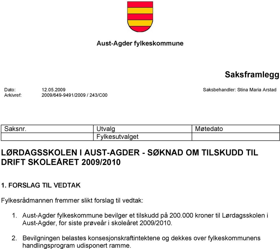 FORSLAG TIL VEDTAK Fylkesrådmannen fremmer slikt forslag til vedtak: 1. Aust-Agder fylkeskommune bevilger et tilskudd på 200.