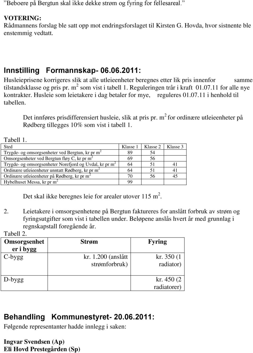 Reguleringen trår i kraft 01.07.11 for alle nye kontrakter. Husleie som leietakere i dag betaler for mye, reguleres 01.07.11 i henhold til tabellen.