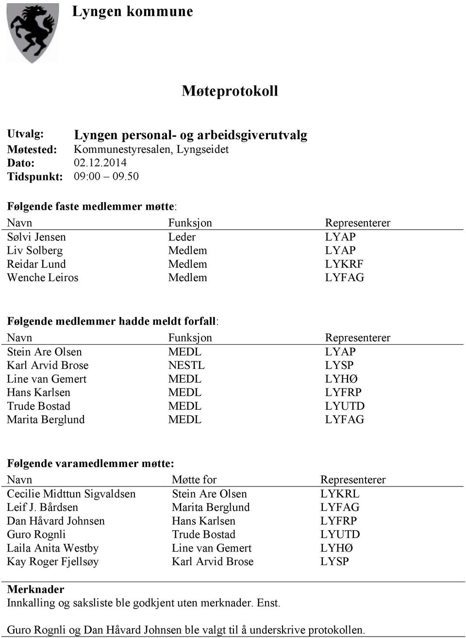 forfall: Navn Funksjon Representerer Stein Are Olsen MEDL LYAP Karl Arvid Brose NESTL LYSP Line van Gemert MEDL LYHØ Hans Karlsen MEDL LYFRP Trude Bostad MEDL LYUTD Marita Berglund MEDL LYFAG