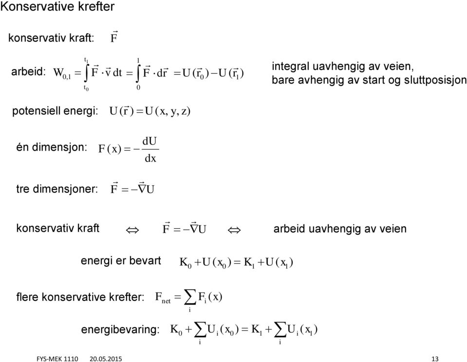 dimensjoner: F( ) du d F U konservaiv kraf F U arbeid uavhengig av veien energi er bevar K U( 0) K1 U( 1)