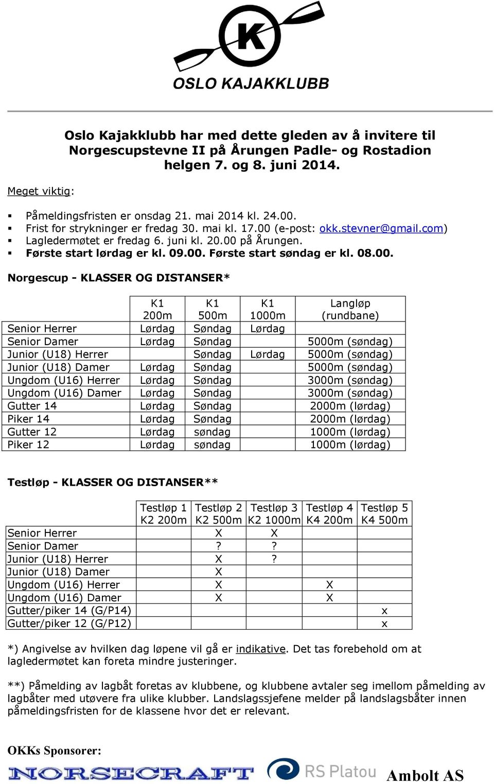 00. Norgescup - KLASSER OG DISTANSER* K1 200m K1 500m K1 1000m Langløp (rundbane) Senior Herrer Lørdag Søndag Lørdag Senior Damer Lørdag Søndag 5000m (søndag) Junior (U18) Herrer Søndag Lørdag 5000m