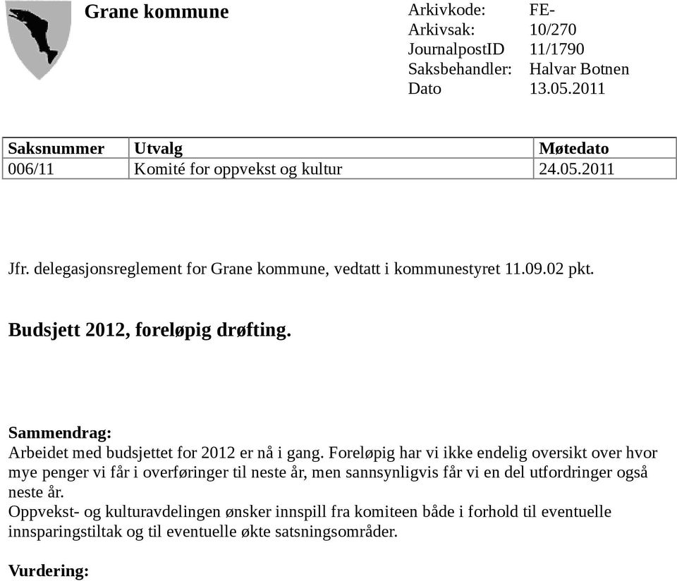 Budsjett 2012, foreløpig drøfting. Sammendrag: Arbeidet med budsjettet for 2012 er nå i gang.