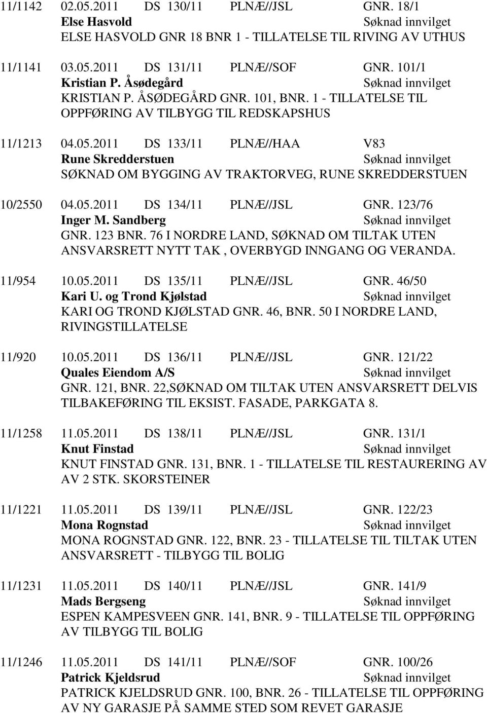 2011 DS 133/11 PLNÆ//HAA V83 Rune Skredderstuen SØKNAD OM BYGGING AV TRAKTORVEG, RUNE SKREDDERSTUEN 10/2550 04.05.2011 DS 134/11 PLNÆ//JSL GNR. 123/76 Inger M. Sandberg GNR. 123 BNR.