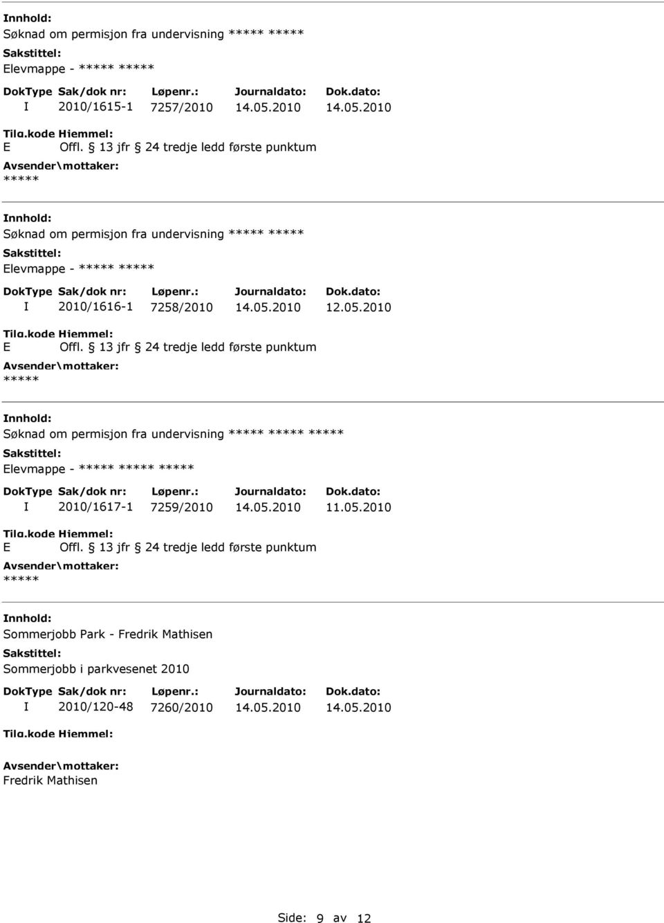 permisjon fra undervisning levmappe - 2010/1617-1 7259/2010 nnhold: Sommerjobb Park -