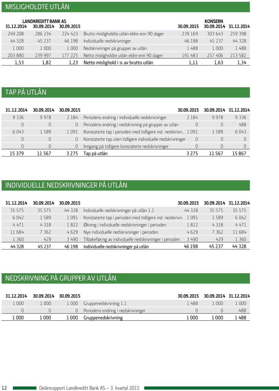 2014 249 208 286 234 224 423 Brutto misligholdte utlån eldre enn 90 dager 239 169 303 643 259 398 44 328 45 237 46 198 Individuelle nedskrivninger 46 198 45 237 44 328 1 000 1 000 1 000