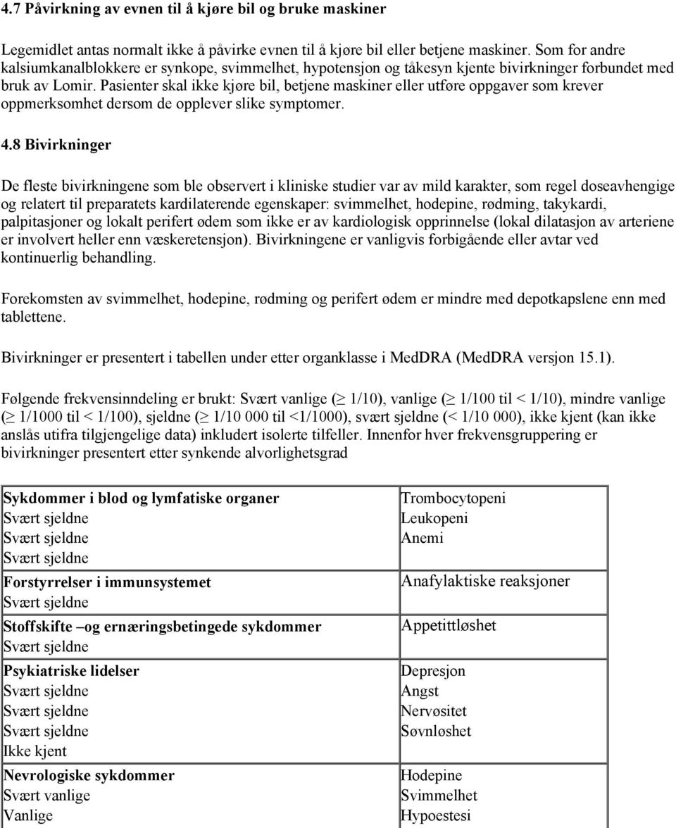 Pasienter skal ikke kjøre bil, betjene maskiner eller utføre oppgaver som krever oppmerksomhet dersom de opplever slike symptomer. 4.