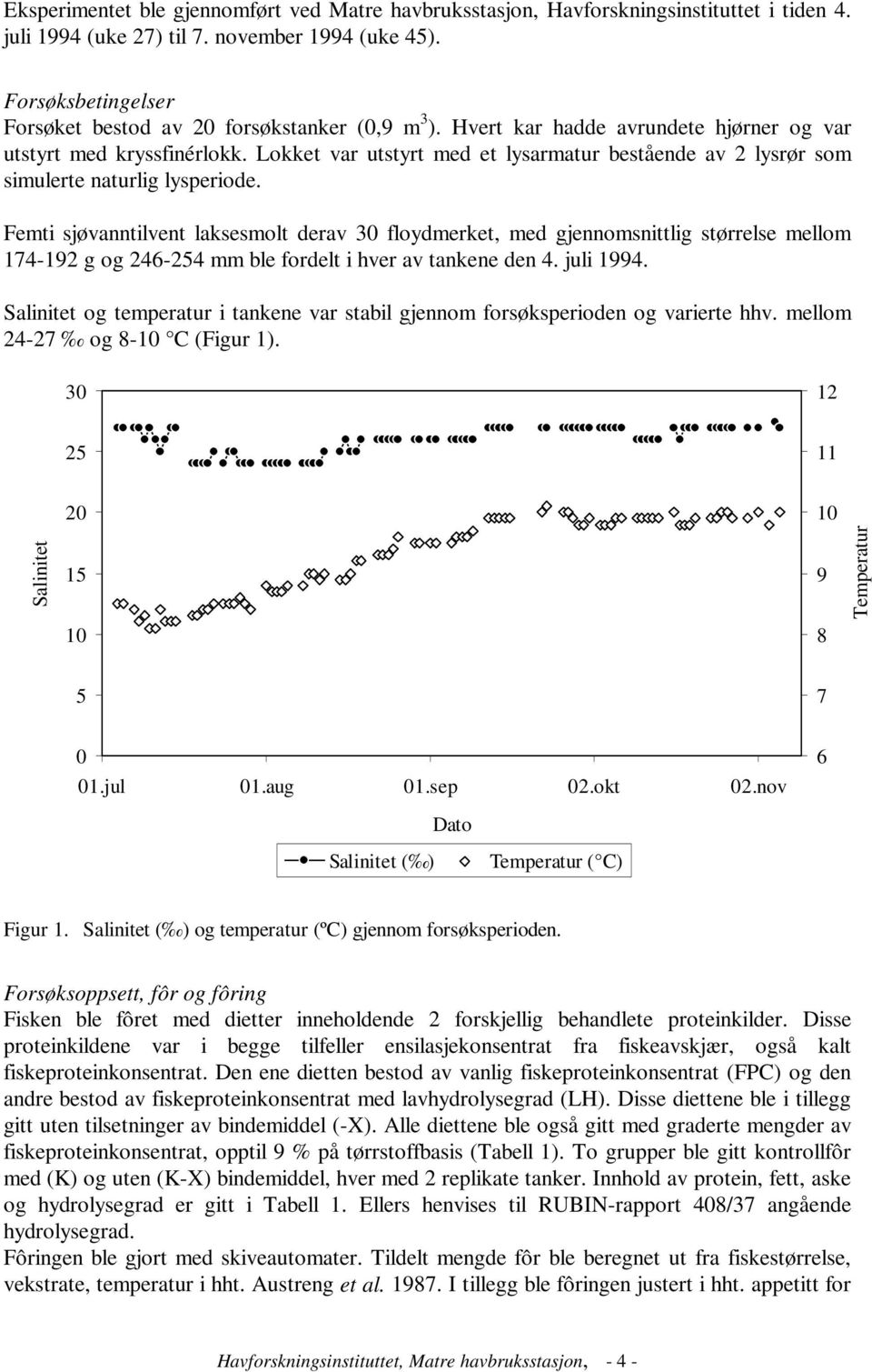 Femti sjøvnntilvent lksesmolt derv 30 floydmerket, med gjennomsnittlig størrelse mellom 174-192 g og 246-254 mm le fordelt i hver v tnkene den 4. juli 1994.