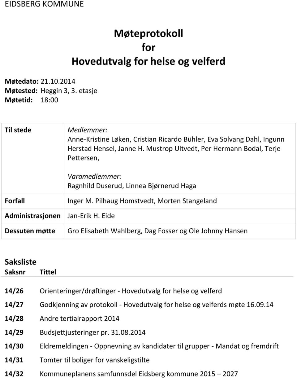 Mustrop Ultvedt, Per Hermann Bodal, Terje Pettersen, Varamedlemmer: Ragnhild Duserud, Linnea Bjørnerud Haga Forfall Inger M. Pilhaug Homstvedt, Morten Stangeland Administrasjonen Jan-Erik H.