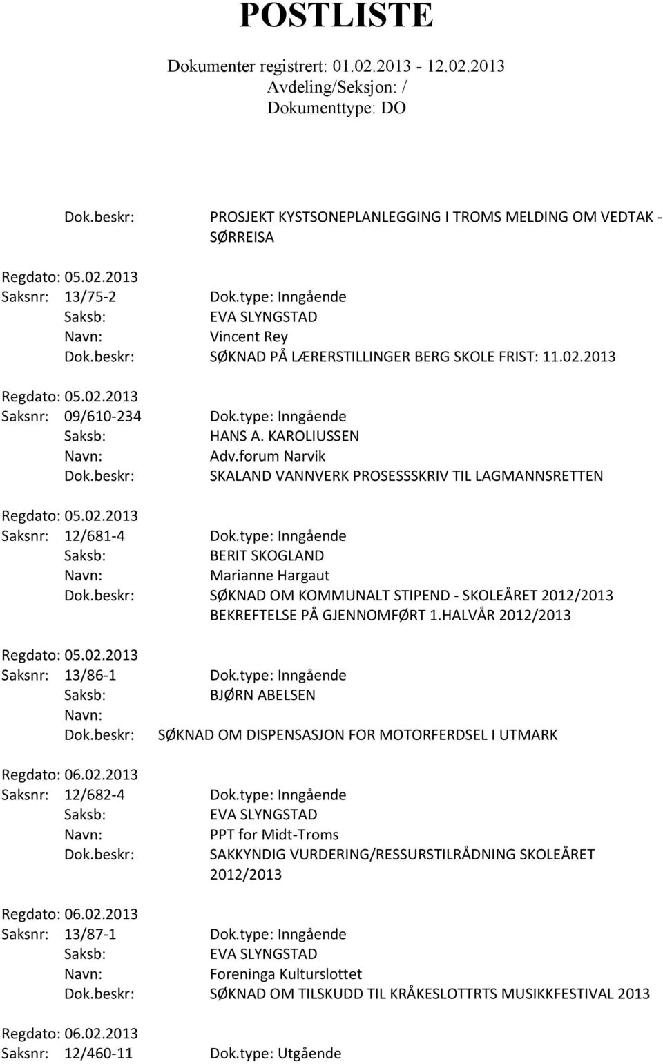 type: Inngående Saksb: BERIT SKOGLAND Marianne Hargaut SØKNAD OM KOMMUNALT STIPEND - SKOLEÅRET 2012/2013 BEKREFTELSE PÅ GJENNOMFØRT 1.HALVÅR 2012/2013 Regdato: 05.02.2013 Saksnr: 13/86-1 Dok.