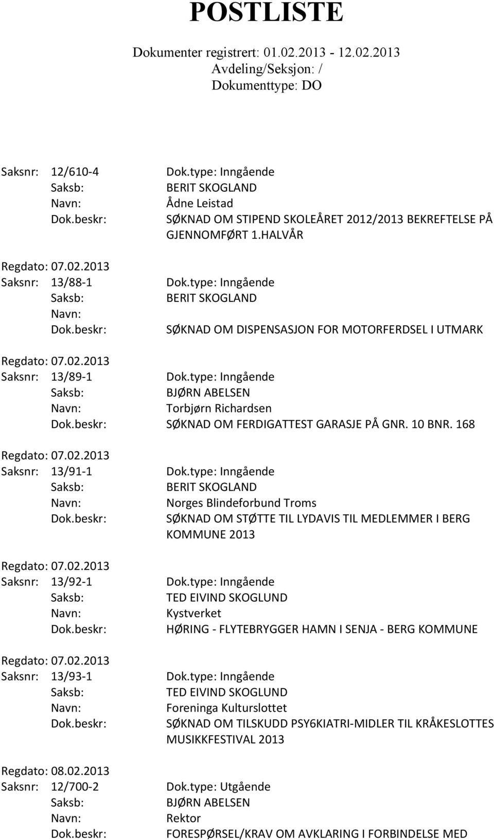 168 Saksnr: 13/91-1 Dok.type: Inngående Saksb: BERIT SKOGLAND Norges Blindeforbund Troms SØKNAD OM STØTTE TIL LYDAVIS TIL MEDLEMMER I BERG KOMMUNE 2013 Saksnr: 13/92-1 Dok.