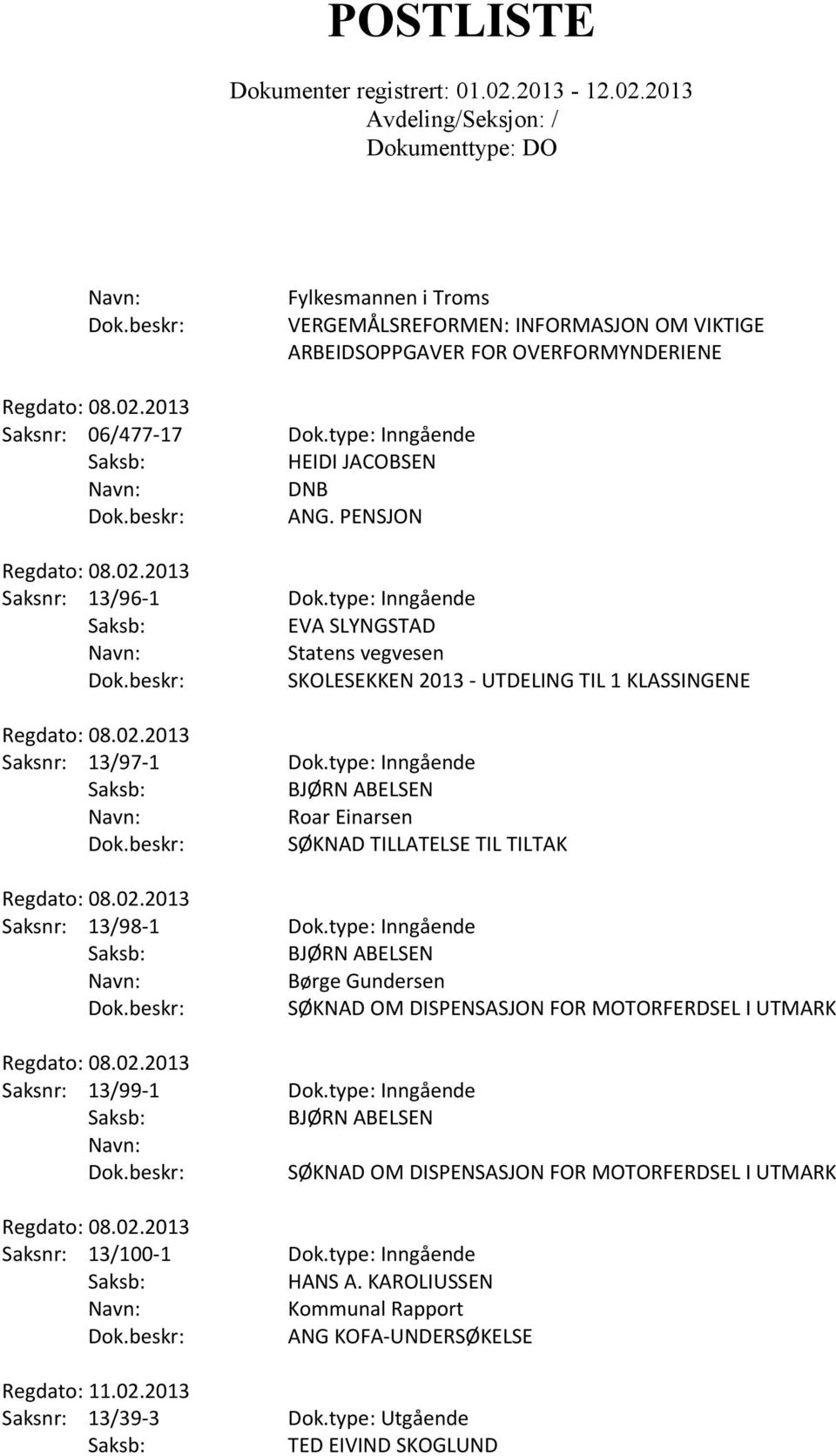 type: Inngående Roar Einarsen SØKNAD TILLATELSE TIL TILTAK Saksnr: 13/98-1 Dok.